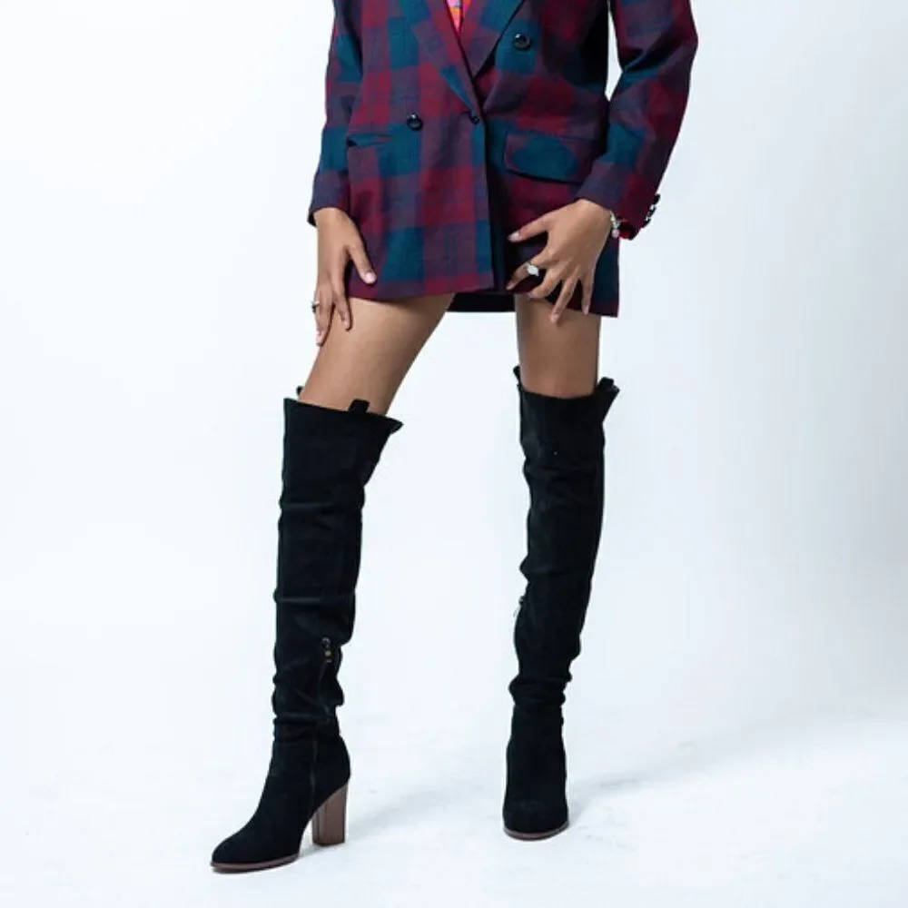 Shoe'N Tale Boots Women Black Faux Suede Chunky Heel  Over‎ The Knee Thigh High